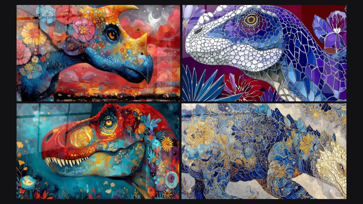 Mosaik aus vier Gemälden, darunter Dinosaurier Scutosaurus und Triceratops-Wandbild mit Blumenmotiven