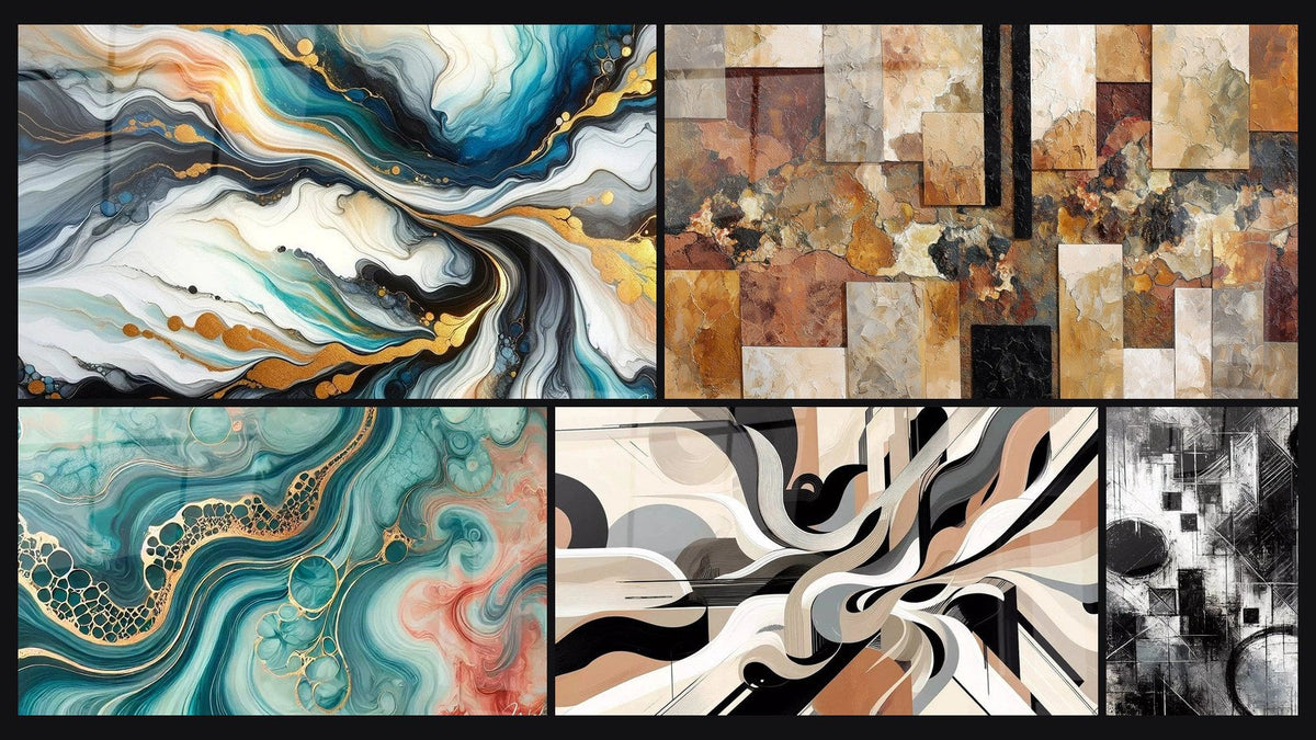 Mosaik aus fünf Gemälden, darunter Farbige Strömungen, Gezeitenwelle Aquarell und Grafische Vibrationen