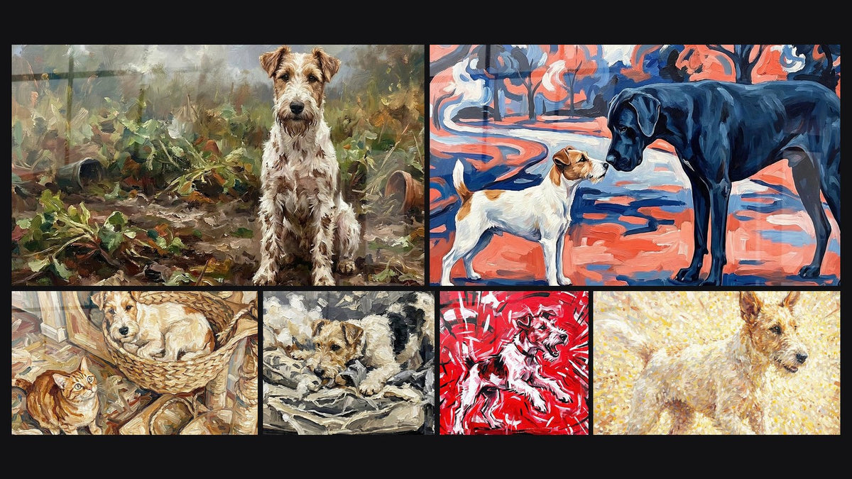 Mosaïque de six tableaux, dont Chien et Chat dans un Panier en Osier et Fox Terrier Allongé sur Tissu Beige
