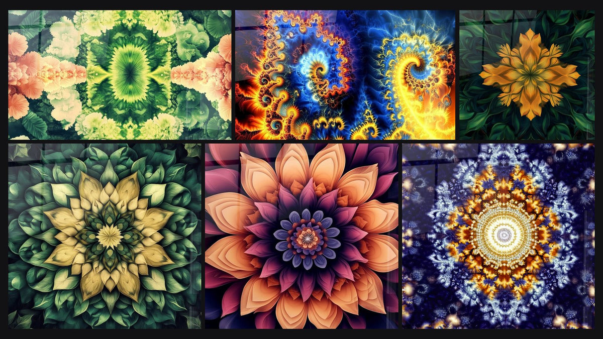 Mosaik aus sechs Gemälden, darunter Tropisches Blumenbild, Pflanzliches Mandala-Bild und Kosmische Spiralen