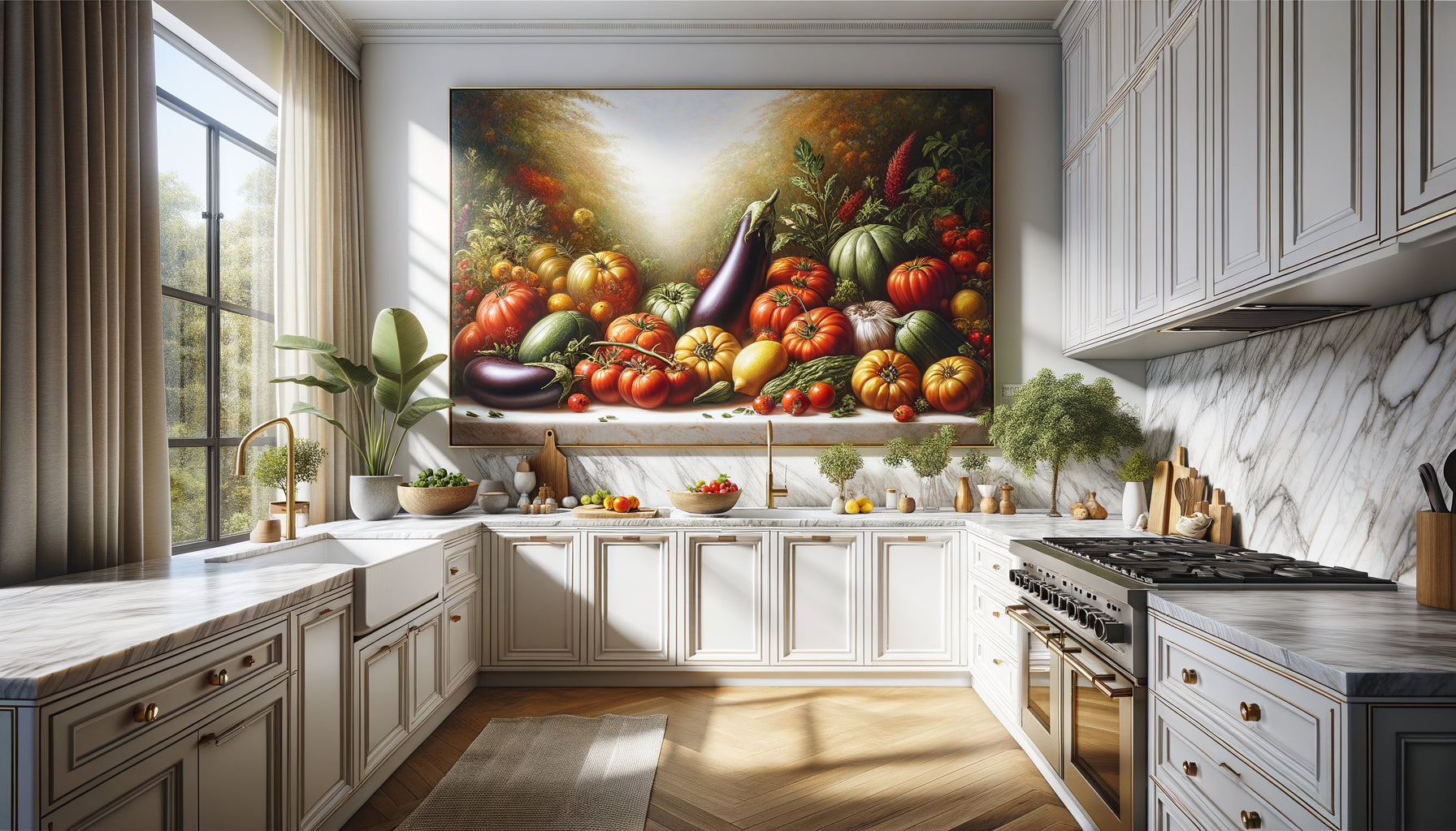 Cuisine moderne avec grand tableau nature morte de fruits et légumes colorés créant une ambiance chaleureuse
