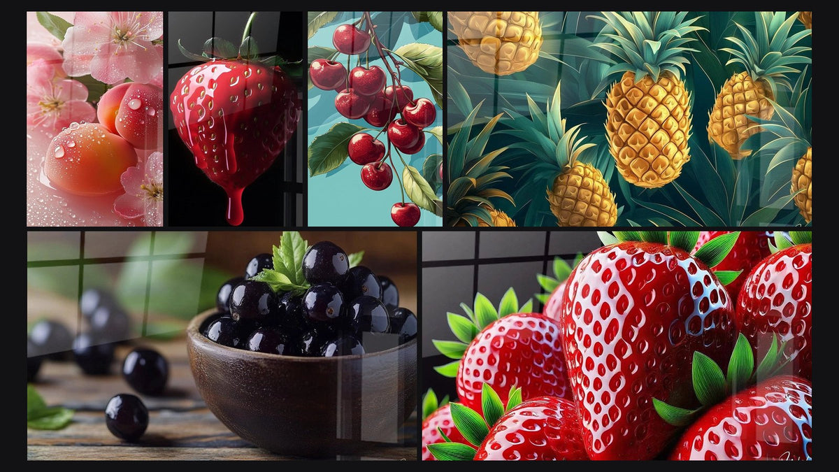 Mosaïque de six tableaux, dont Fruit N°4, Fraise N°1 et Cerise N°1