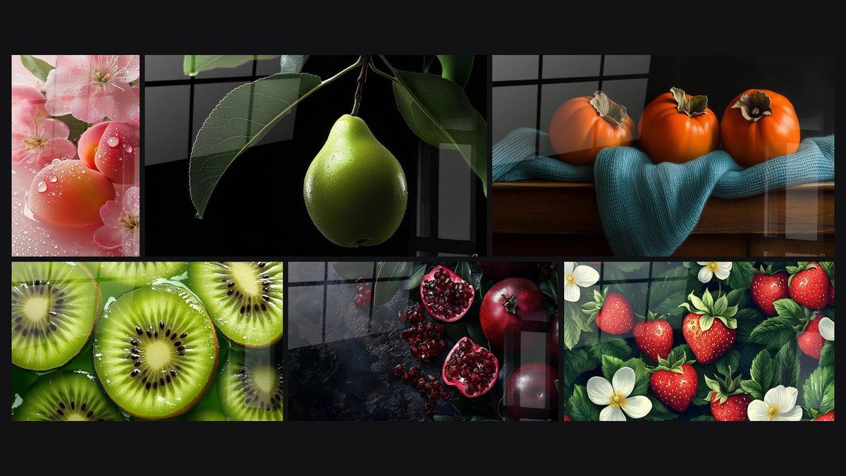 Mosaïque de six tableaux, dont Fruit N°4, Poire N°1 et Kiwi N°1