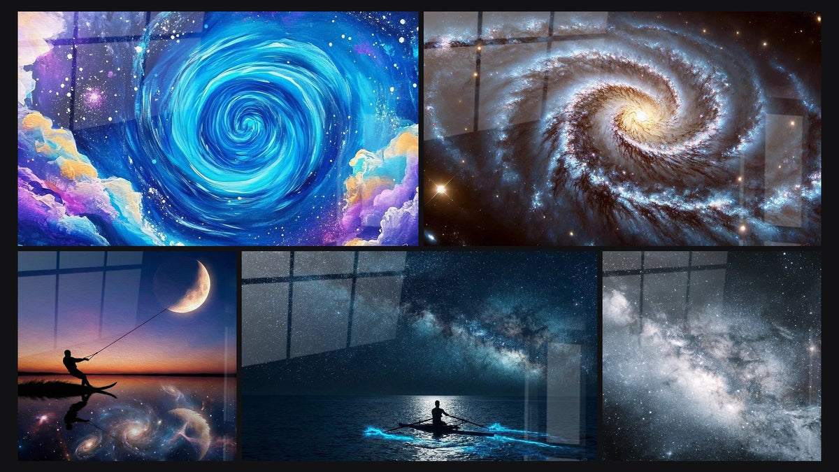 Mosaïque de cinq tableaux, dont Spirale cosmique bleue, L'Œil de l'Univers et Ski nautique Cosmique