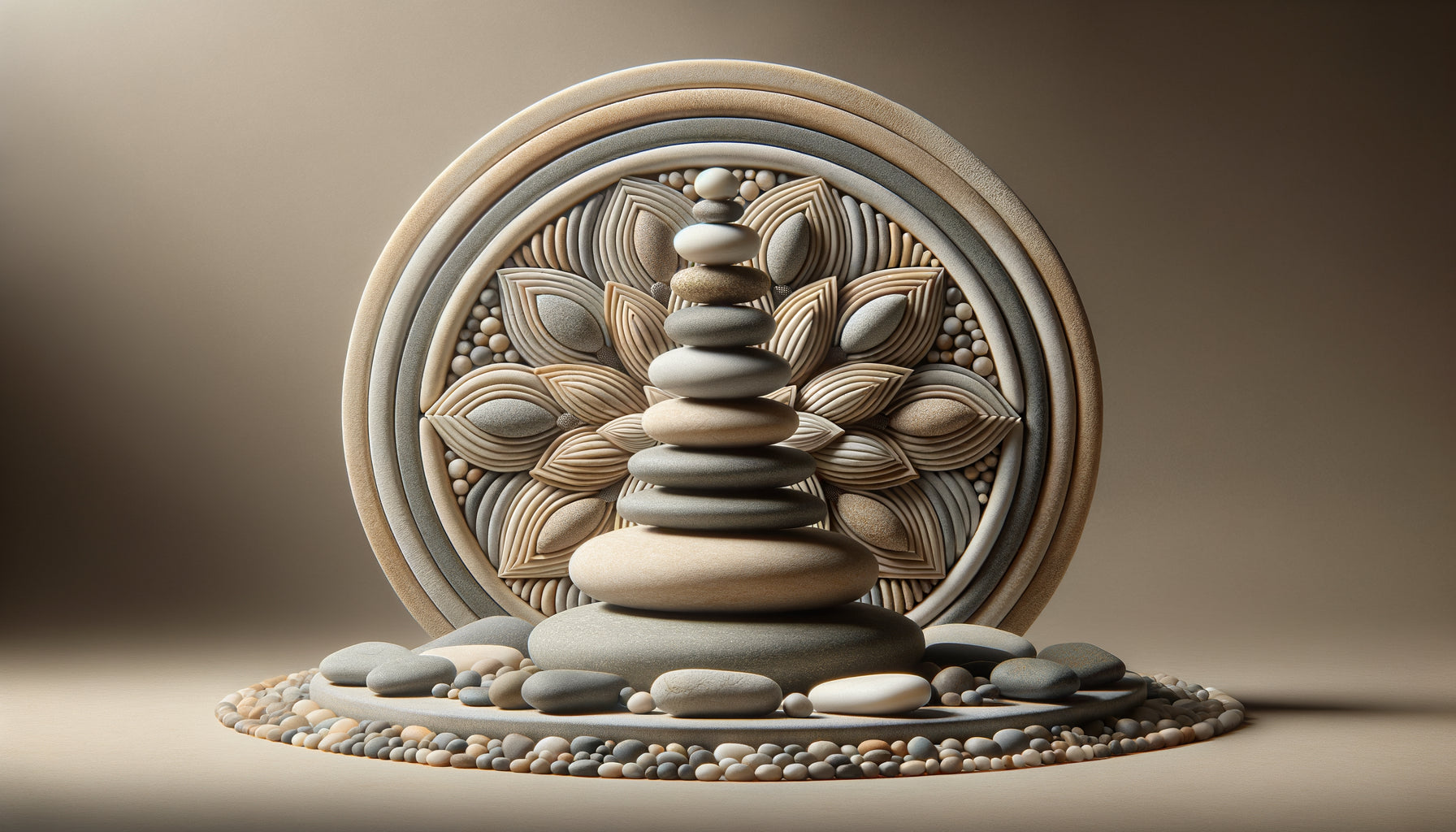 Composition zen de galets empilés en équilibre avec mandala de pierres naturelles, palette harmonieuse tons naturels