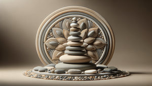 Composition zen de galets empilés en équilibre avec mandala de pierres naturelles, palette harmonieuse tons naturels