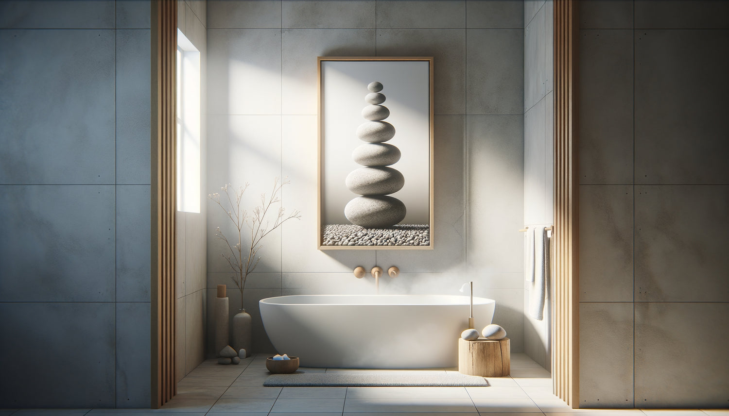 Salle de bain zen minimaliste avec tableau de galets empilés en équilibre, ambiance méditative et naturelle