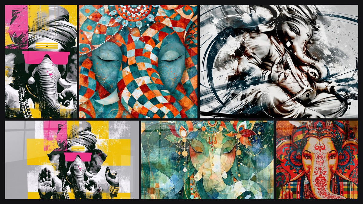 Mosaïque de six tableaux, dont Ganesh gris et jaune au turban drapé et Ganesh lunettes roses et fond jaune