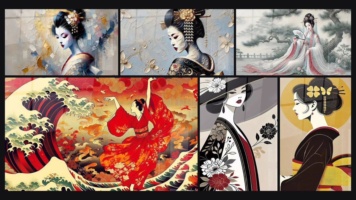 Mosaico di sei quadri, tra cui Ornamento di Tradizione, Geisha in Fiore e Valzer in Rosso