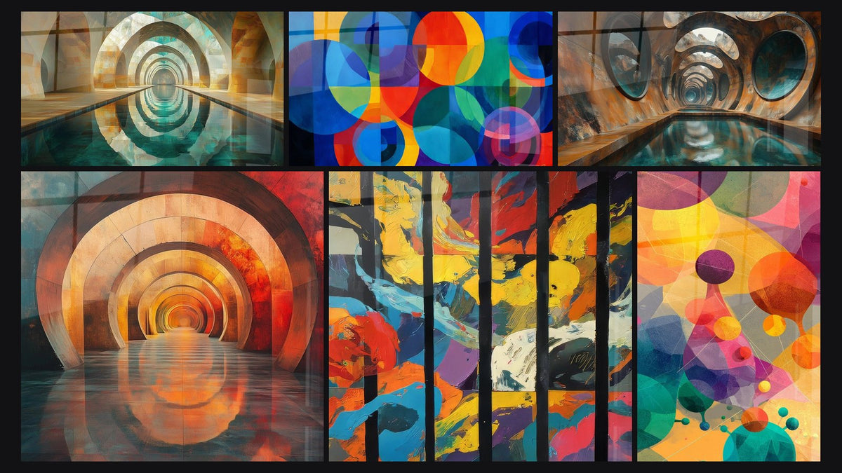 Mosaïque de six tableaux, dont Arche Silencieuse Teal, Cercles colorés superposés et Abîme Lumineux Oxydé