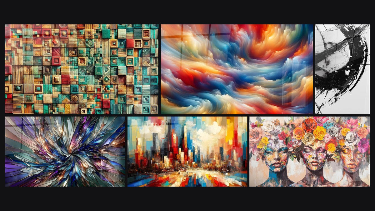 Mosaïque de six tableaux, dont Imbrication des Couleurs, Radiance Fractale et Cité en Couleurs
