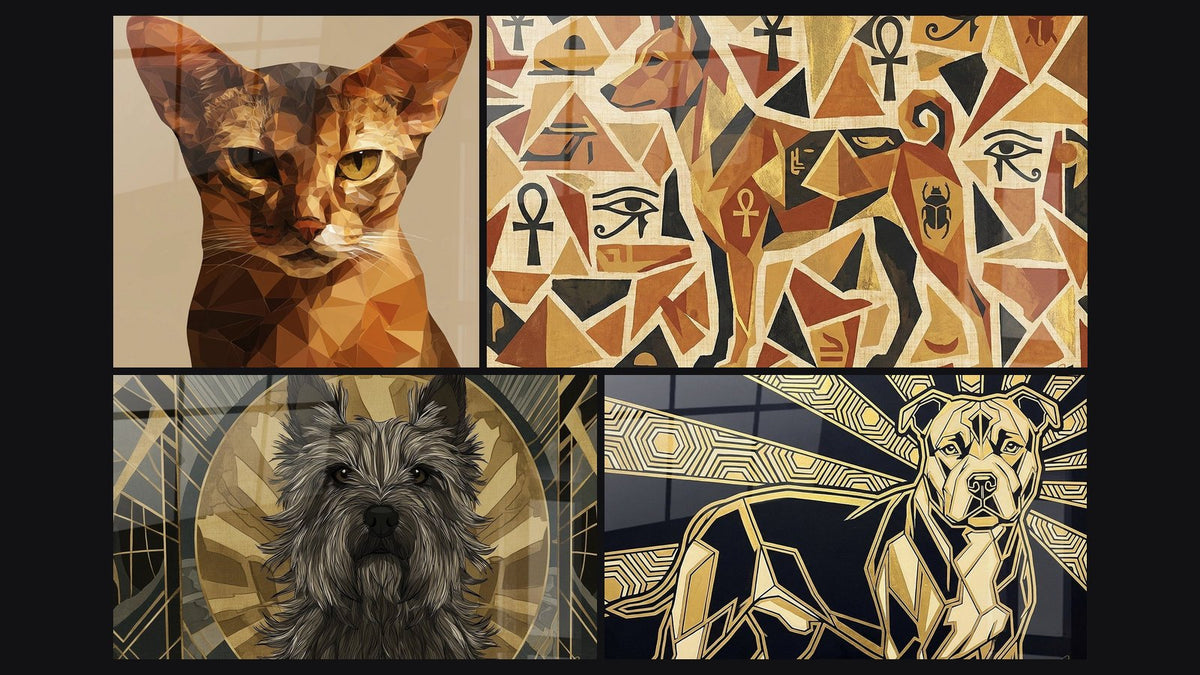 Mosaïque de quatre tableaux, dont Chat Abyssin Polygonal et Chien Géométrique aux Symboles Égyptiens