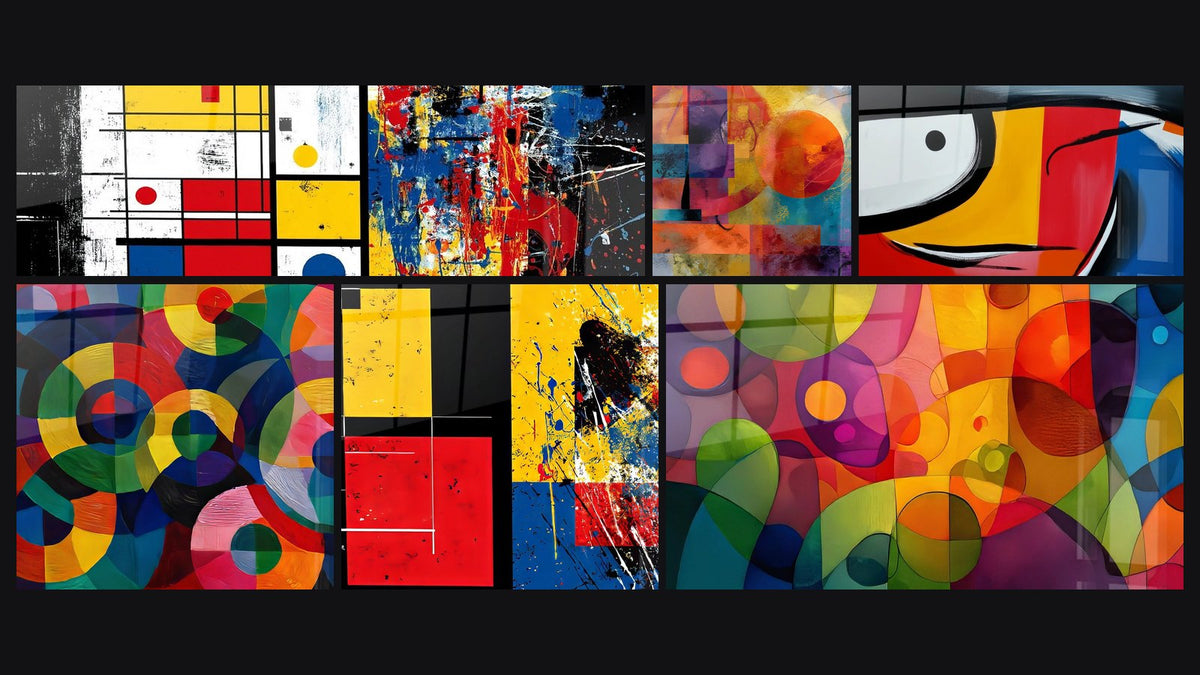 Mosaico di sei quadri, tra cui Astratto geometrico, Con cerchi concentrici multicolori e Astrazione geometrica colorata