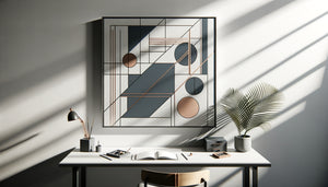 Tableau géométrique minimaliste contemporain aux lignes épurées dans un espace de travail moderne et structuré