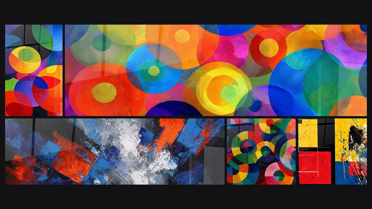 Mosaïque de cinq tableaux, dont Cercles colorés concentriques, Abstrait géométrique dynamique et Cercles colorés superposés