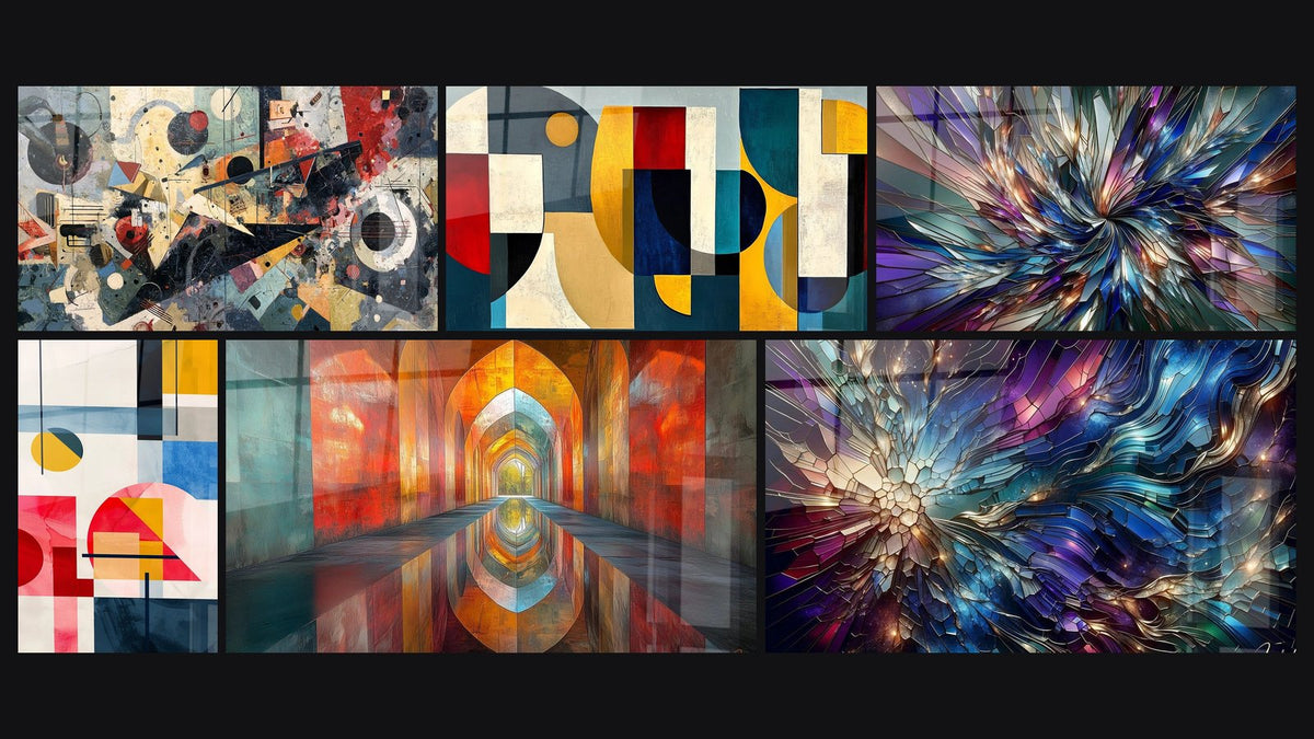 Mosaïque de six tableaux, dont Composition abstraite dynamique et Composition géométrique colorée