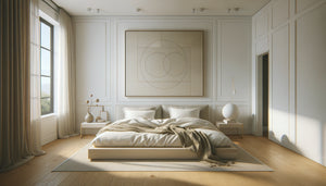Chambre minimaliste contemporaine avec tableau géométrique simple aux formes épurées créant un point focal apaisant