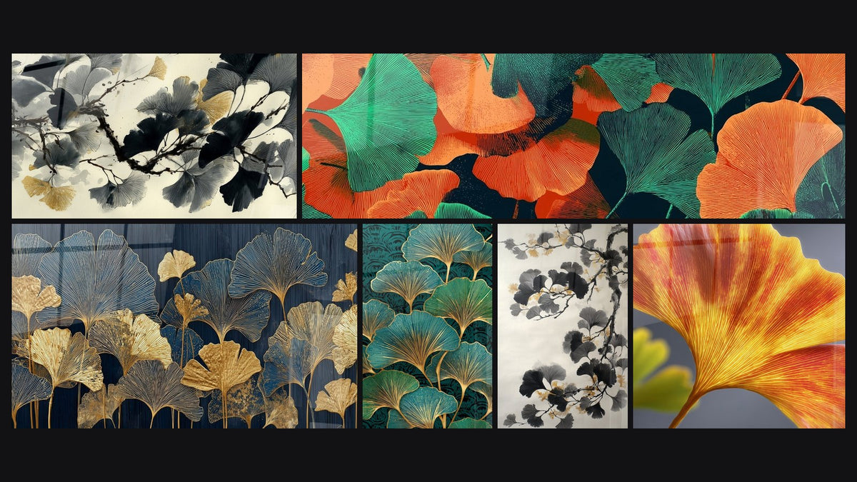 Mosaik aus sechs Gemälden, darunter Ginkgo-Blätter Aquarell Grau Schwarz Gold