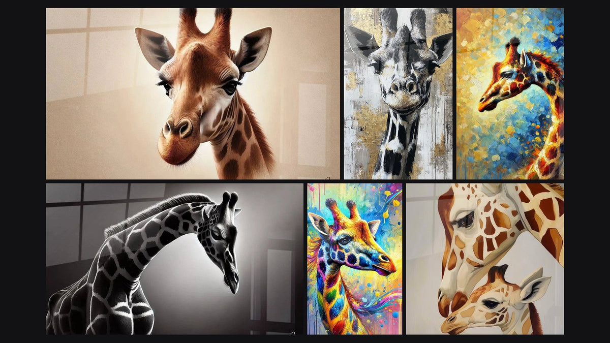 Mosaïque de six tableaux, dont Douceur Sauvage, Beauté Silencieuse et Girafe