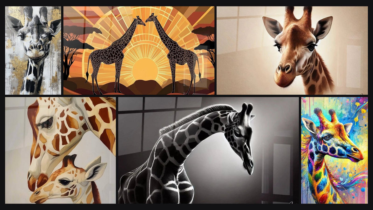 Mosaico di sei quadri, tra cui Giraffa, Giraffa Raggi d'Africa e Bellezza Silenziosa