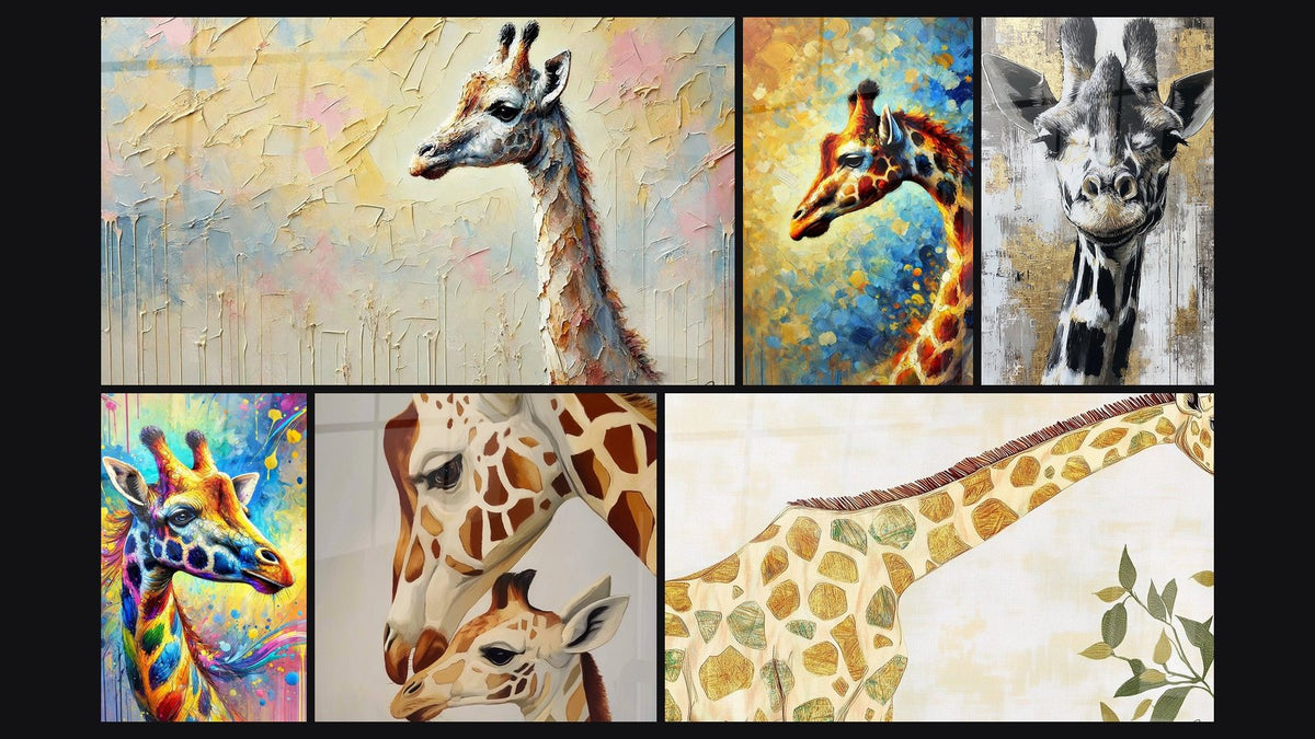 Mosaïque de six tableaux, dont Regard des Hauteurs, Girafe en Aquarelle et Girafe Eclatante