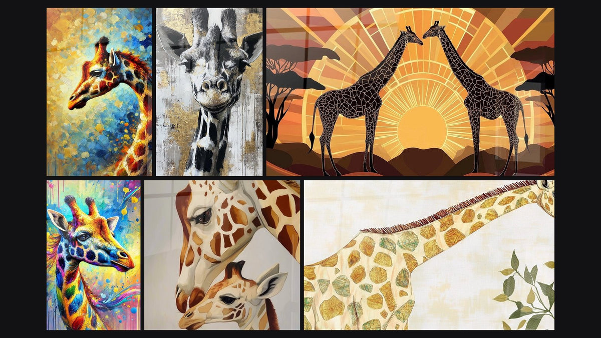 Mosaïque de six tableaux, dont Girafe en Aquarelle, Girafe et Girafe Eclatante