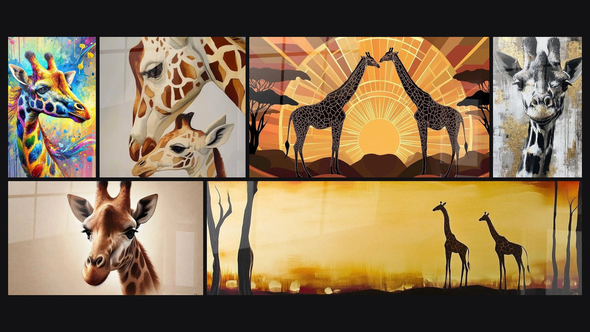 Mosaïque de six tableaux, dont Girafe Eclatante, Girafe et son Petit et Douceur Sauvage