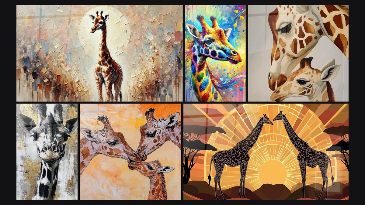 Mosaïque de six tableaux, dont Géante Poétique, Girafe et Girafe chaleur des liens