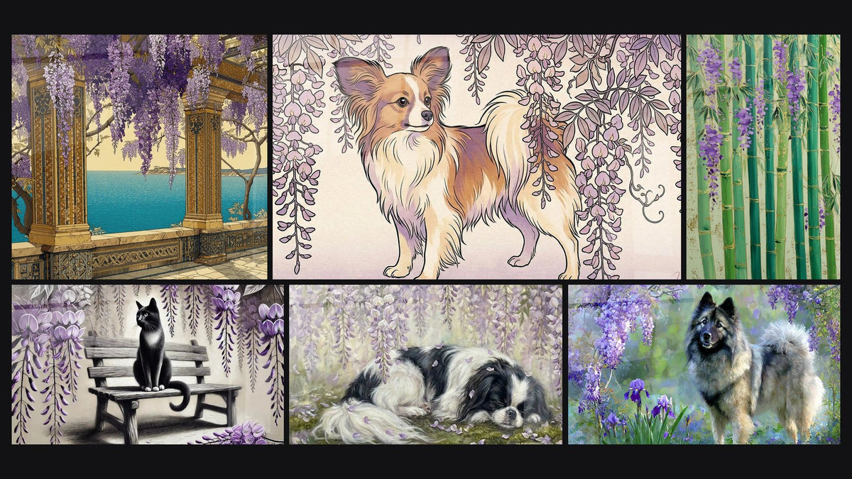 Mosaic of six paintings, including Mediterranean Pergola, Under the Wisteria and Green Bamboo and Purple Wisteria Flowers