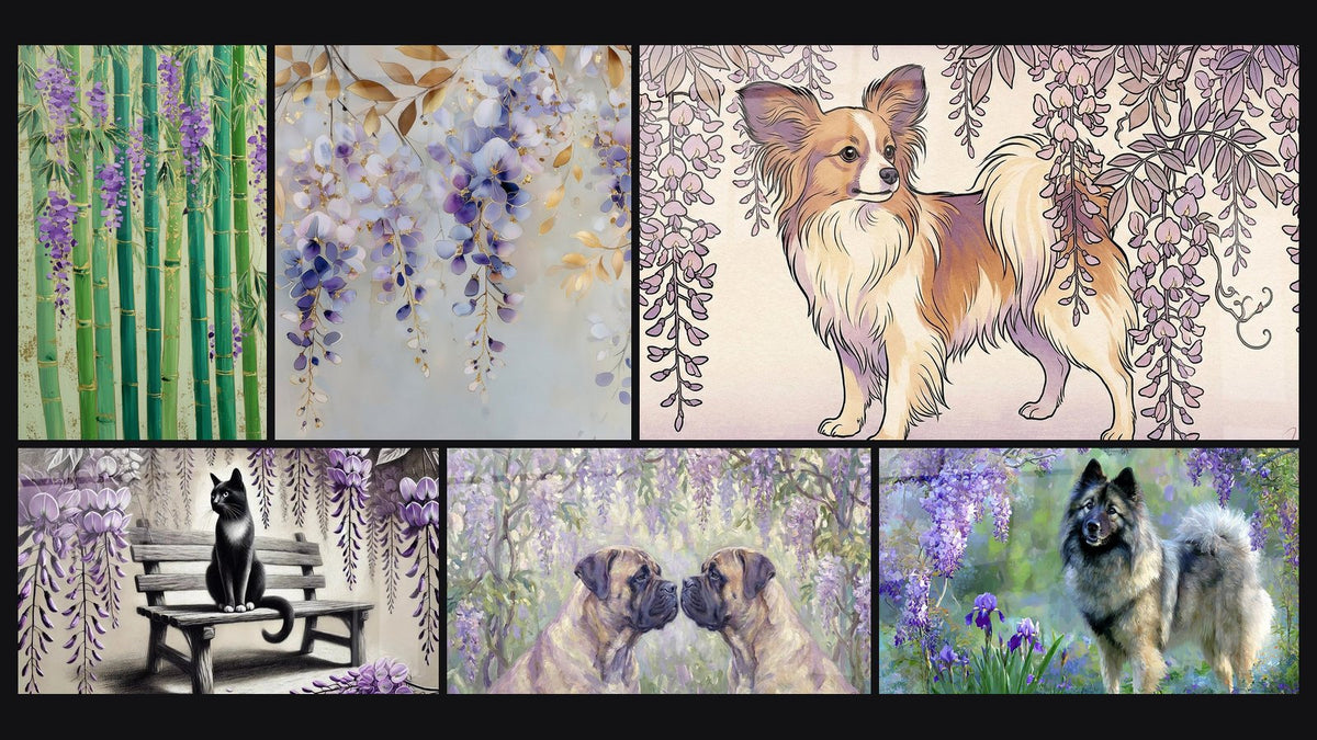 Mosaïque de six tableaux, dont Sous la Glycine et Deux Bullmastiffs sous Glycines Violettes