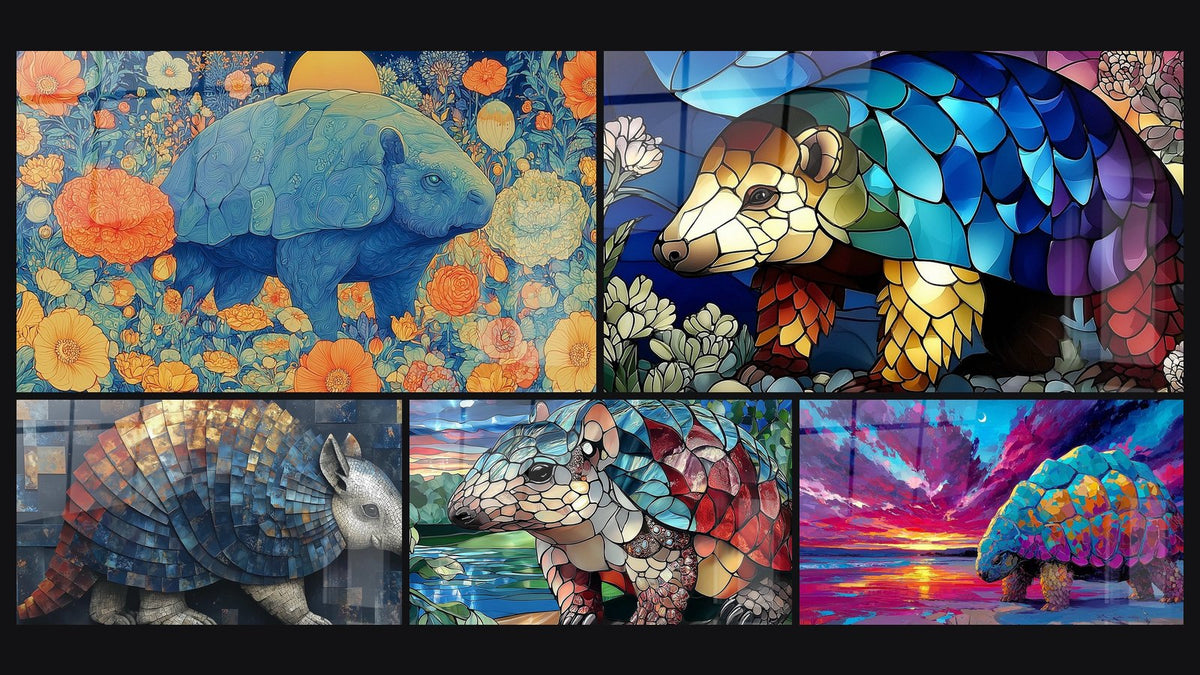 Mosaïque de cinq tableaux, dont Glyptodon, Glyptodon Mosaïque et Glyptodon vitrail coloré