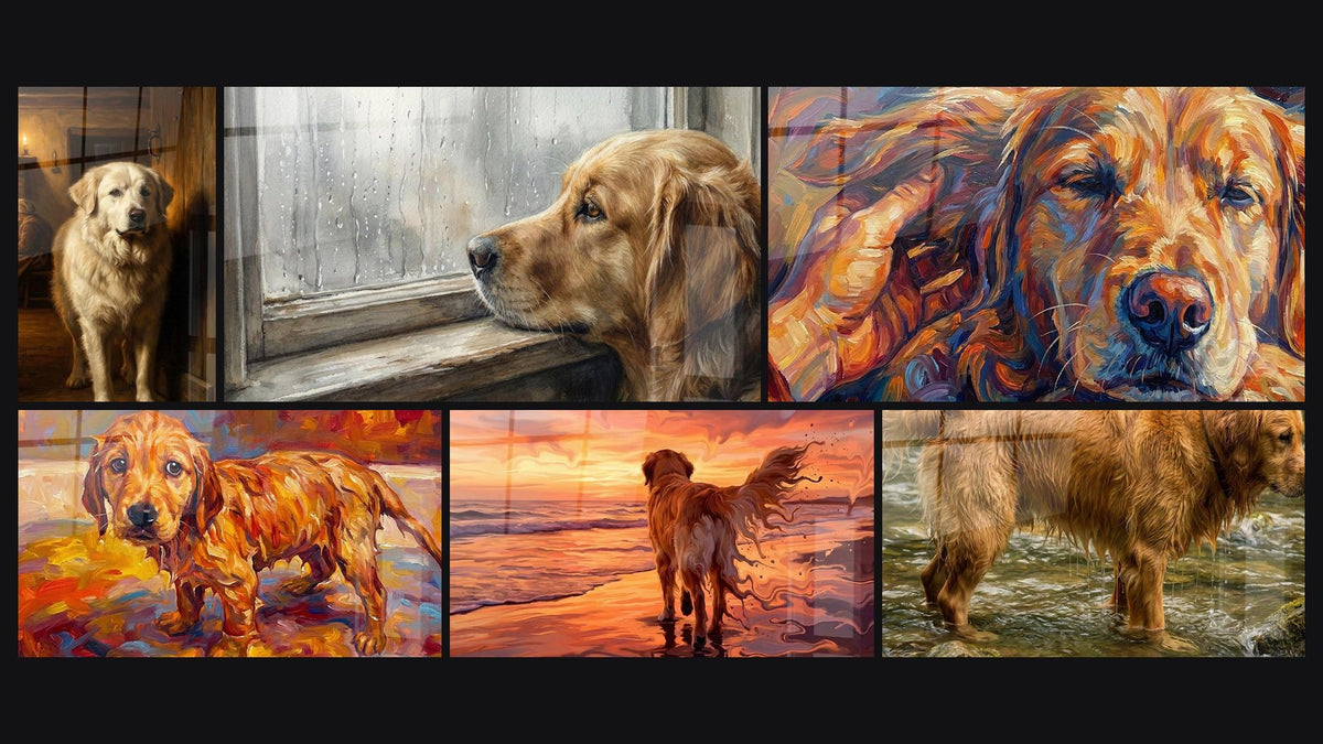 Mosaik aus sechs Gemälden, darunter Roter Hund am Fenster im Regen und Golden Retriever im Bach
