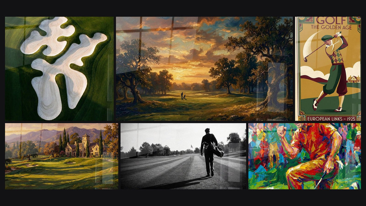 Mosaïque de six tableaux, dont Abstraction Fluide, Golf au Coucher du Soleil et Golf Club House de Montagne