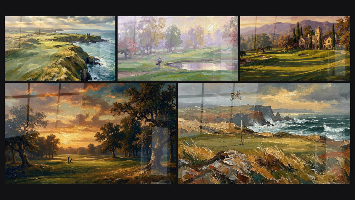 Mosaico di cinque quadri, tra cui Percorso Golf Costiero, Percorso di Golf Impressionista e Golf al Tramonto