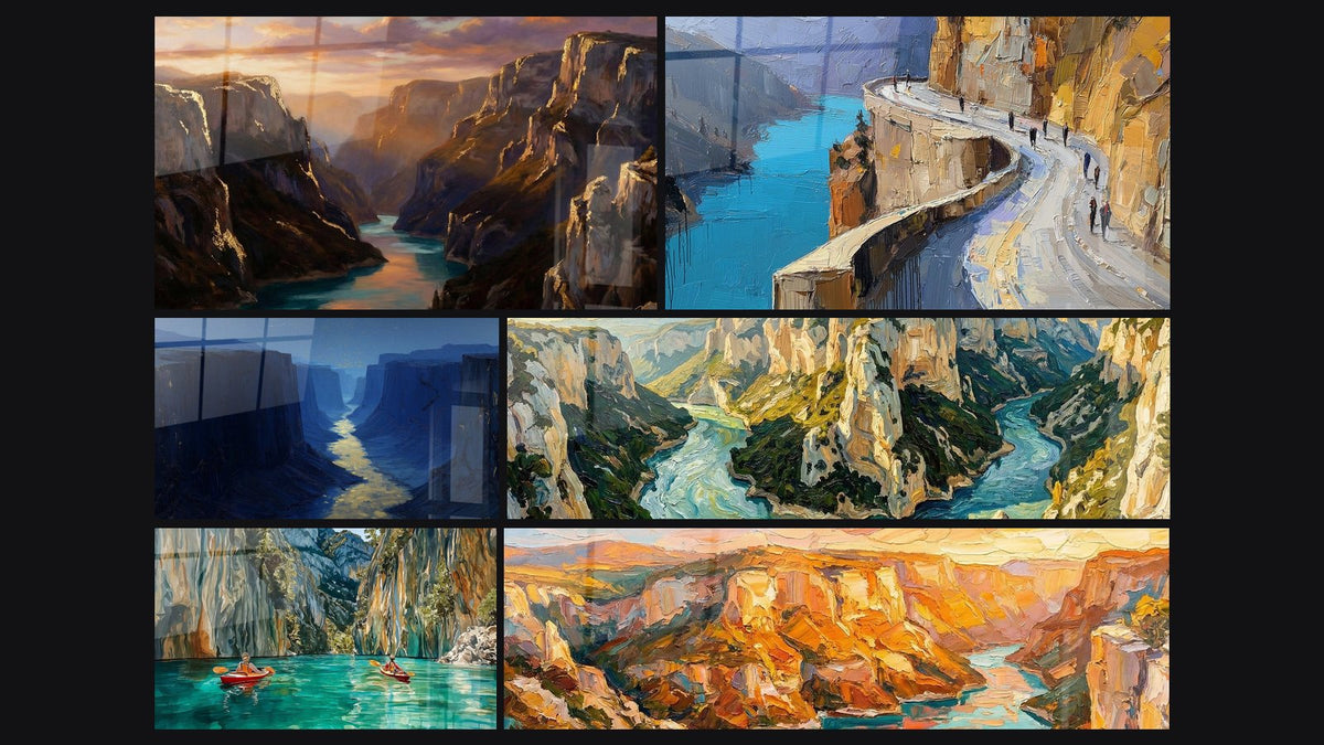 Mosaic of six paintings, including Majestic Canyon, Panoramic Road and Nocturnal Canyon