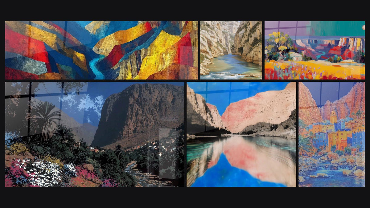 Mosaïque de six tableaux, dont Abstrait canyon coloré, Vallée oasis et Canyon aux eaux turquoise