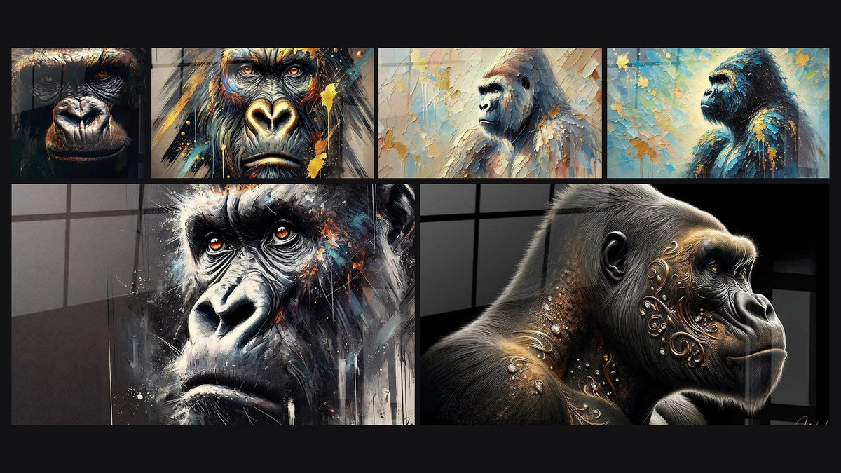 Mosaic of six paintings, including Gorilla Soul Gaze, Gorilla Gaze and Sacred Gorilla