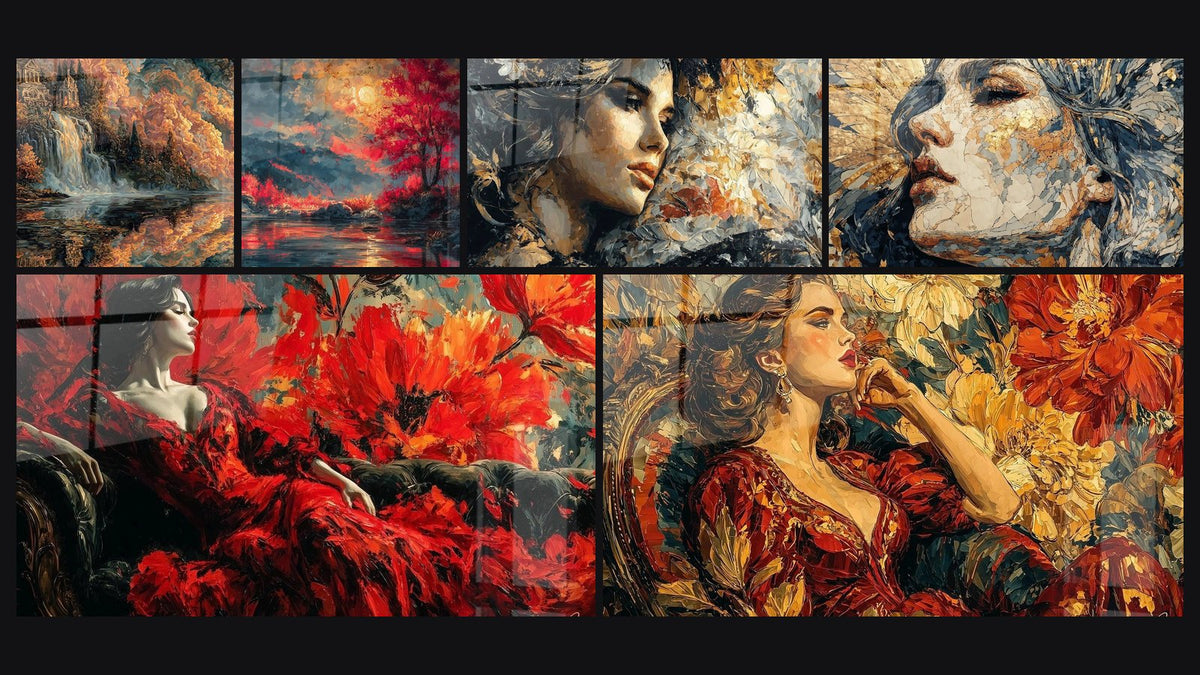 Mosaïque de six tableaux, dont Château Mélancolie Automnale, Paysage Automnal Âmes Pourpres et Femme Rêve Sanglant