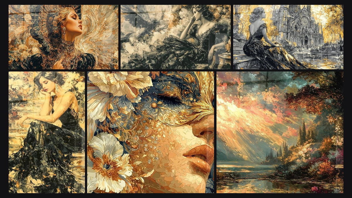 Mosaico di sei quadri, tra cui Donna Seraphine Nero, Donna Silenzio Funebre e Donna Grazia Oscura