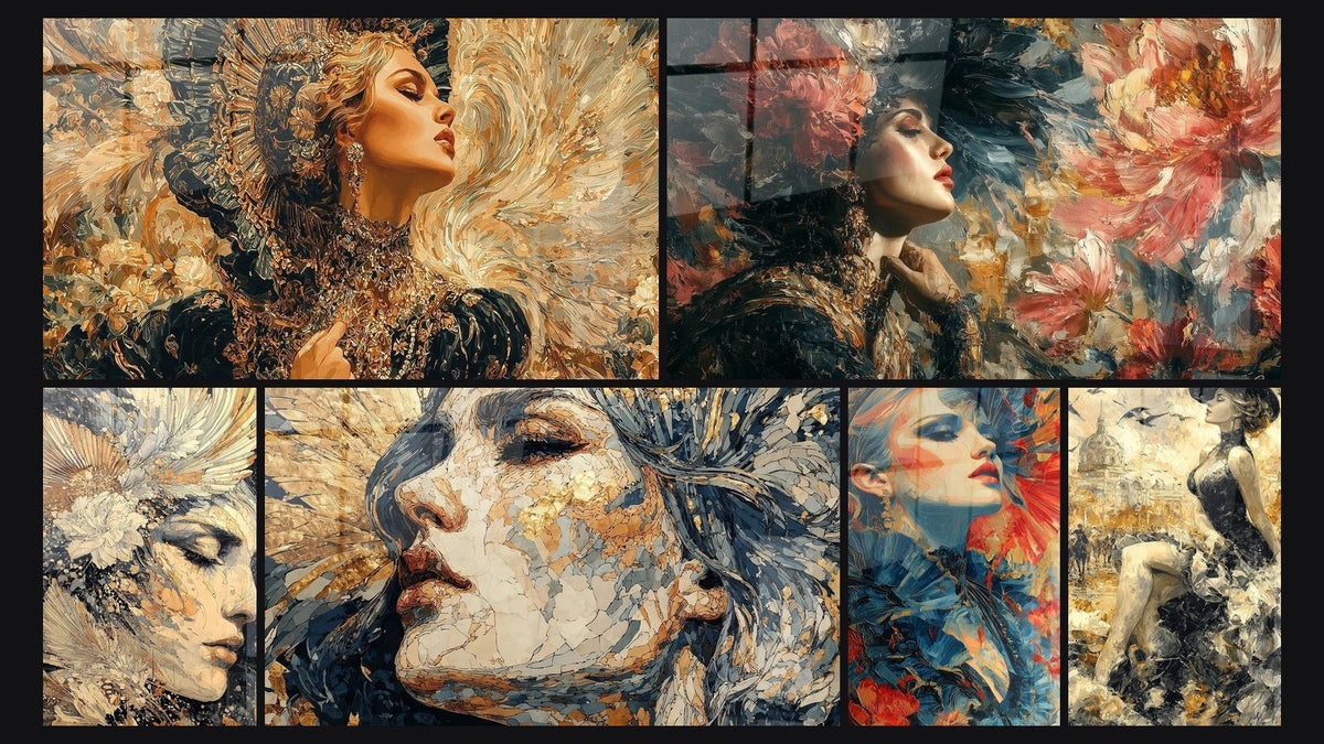 Mosaico de seis cuadros, entre ellos Mujer Seraphina Negra, Mujer Belleza Trágica y Rostro Femenino Lágrimas Secretas