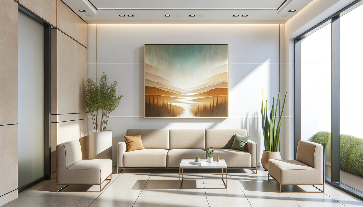 Salle d'attente professionnelle moderne avec banquette confortable surmontée d'un tableau grand format apaisant aux tons naturels