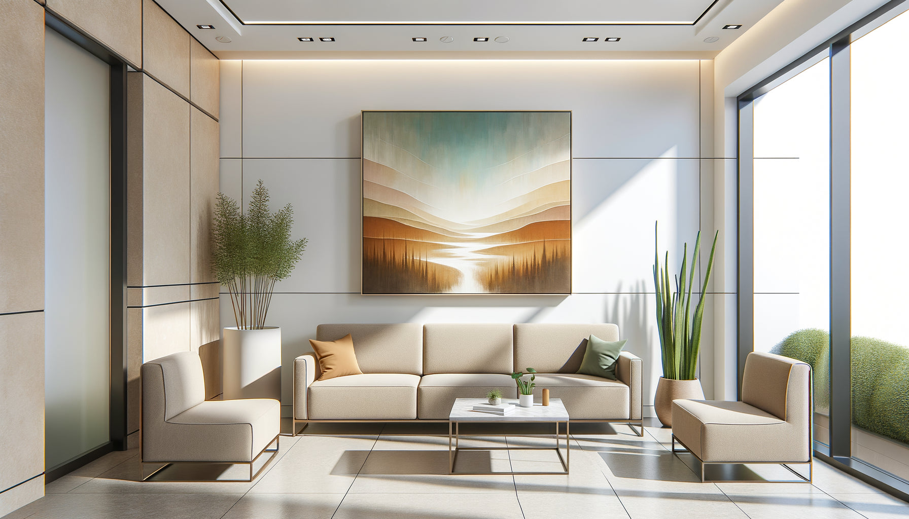 Salle d'attente professionnelle moderne avec banquette confortable surmontée d'un tableau grand format apaisant aux tons naturels