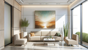 Salle d'attente professionnelle moderne avec banquette confortable surmontée d'un tableau grand format apaisant aux tons naturels
