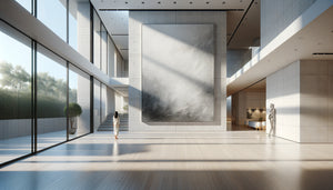 Tableau monumental de grand format servant de point de repère visuel structurant dans un intérieur contemporain minimaliste