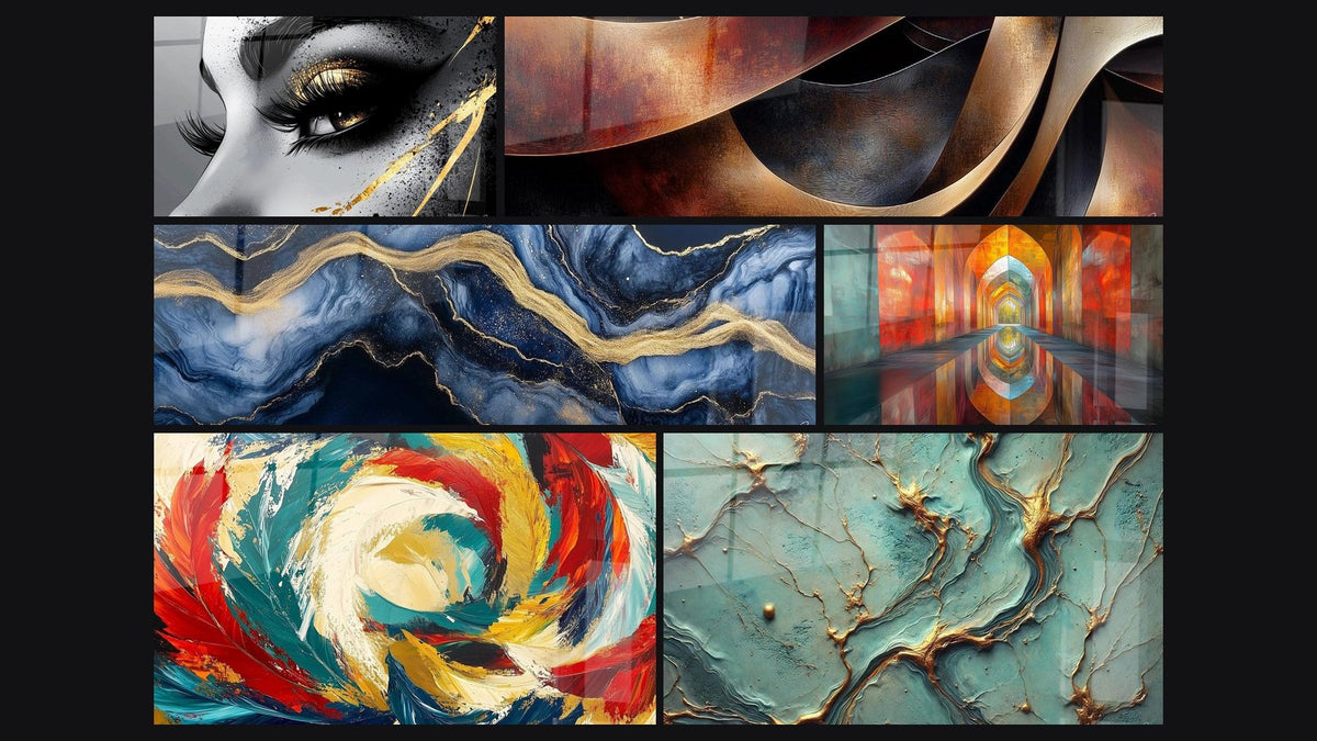 Mosaïque de six tableaux, dont Œil larme d'or, Marbre Liquide Éternité Bleu et Sinuosités Méditation Ocre
