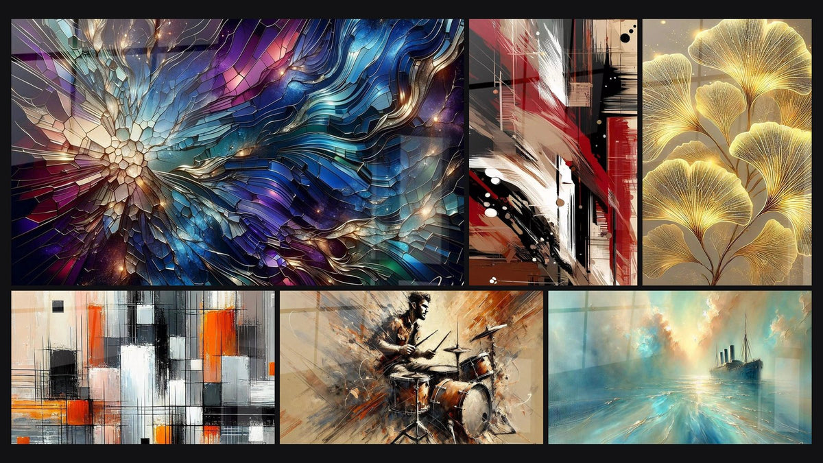 Mosaic of six paintings, including Stained Glass Splendor, Mechanics of Colors and Structured Disorder Abstract