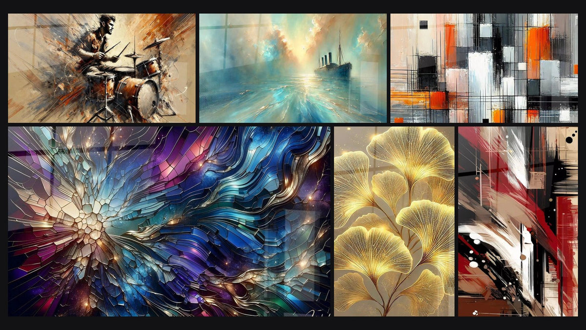 Mosaïque de six tableaux, dont Batterie N°2, Au Cœur de la Brise et Mécanique des couleurs