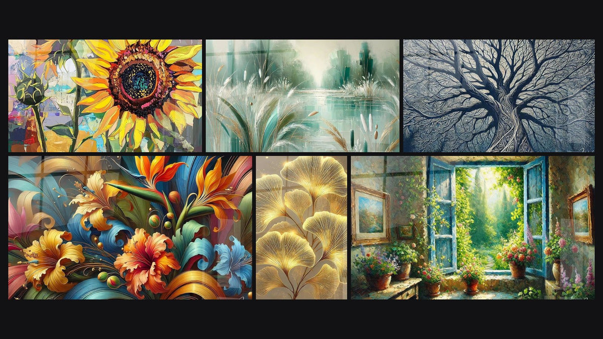 Mosaïque de six tableaux, dont Tournesol N°2, Rhapsodie Botanique et Brillance Naturelle
