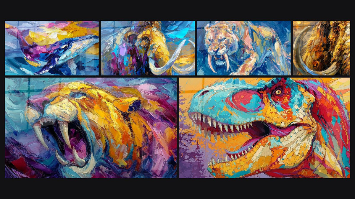 Mosaik aus sechs Gemälden, darunter Smilodon Brüllend, Farbenfroher T-Rex-Kunstdruck und Säbelzahn-Tiger in Ölmalerei