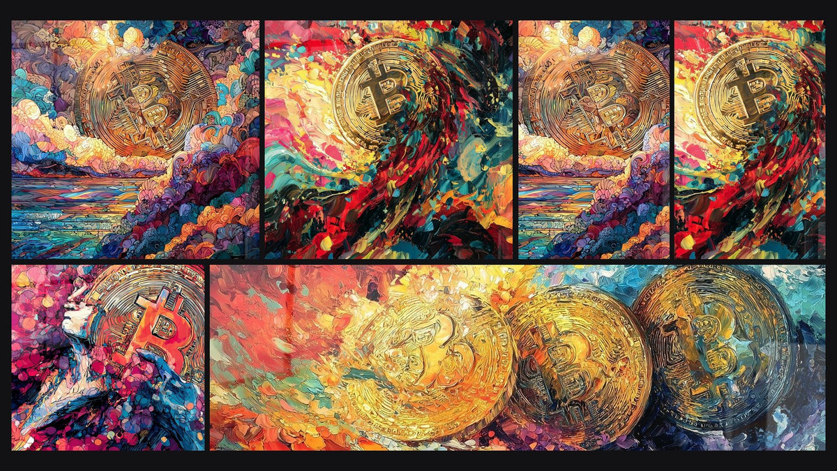 Mosaik aus sechs Gemälden, darunter Rosa und Blaue Silhouette im goldenen Raum